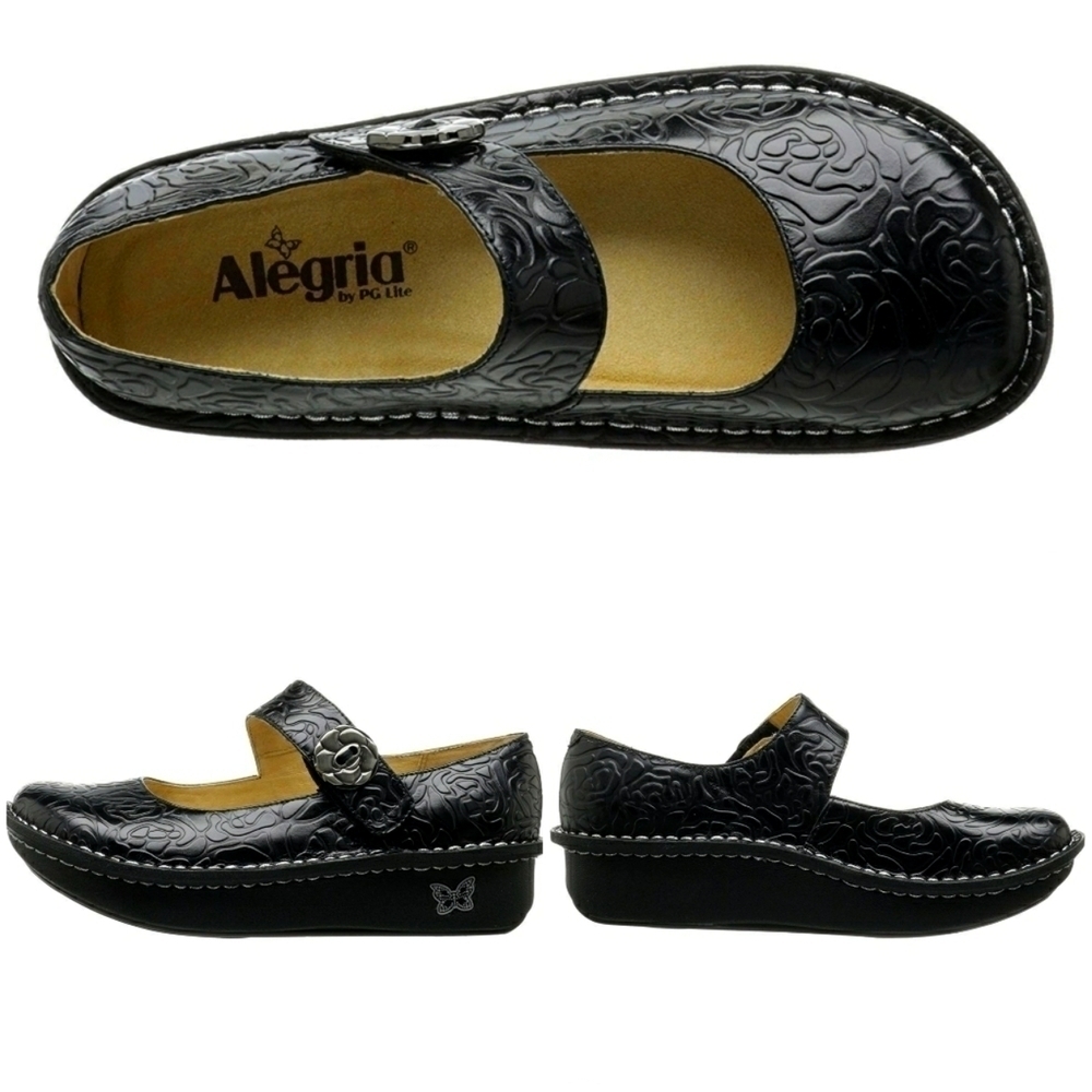 Alegria Paloma Black Embossed Rose Mary Jane, Size 36